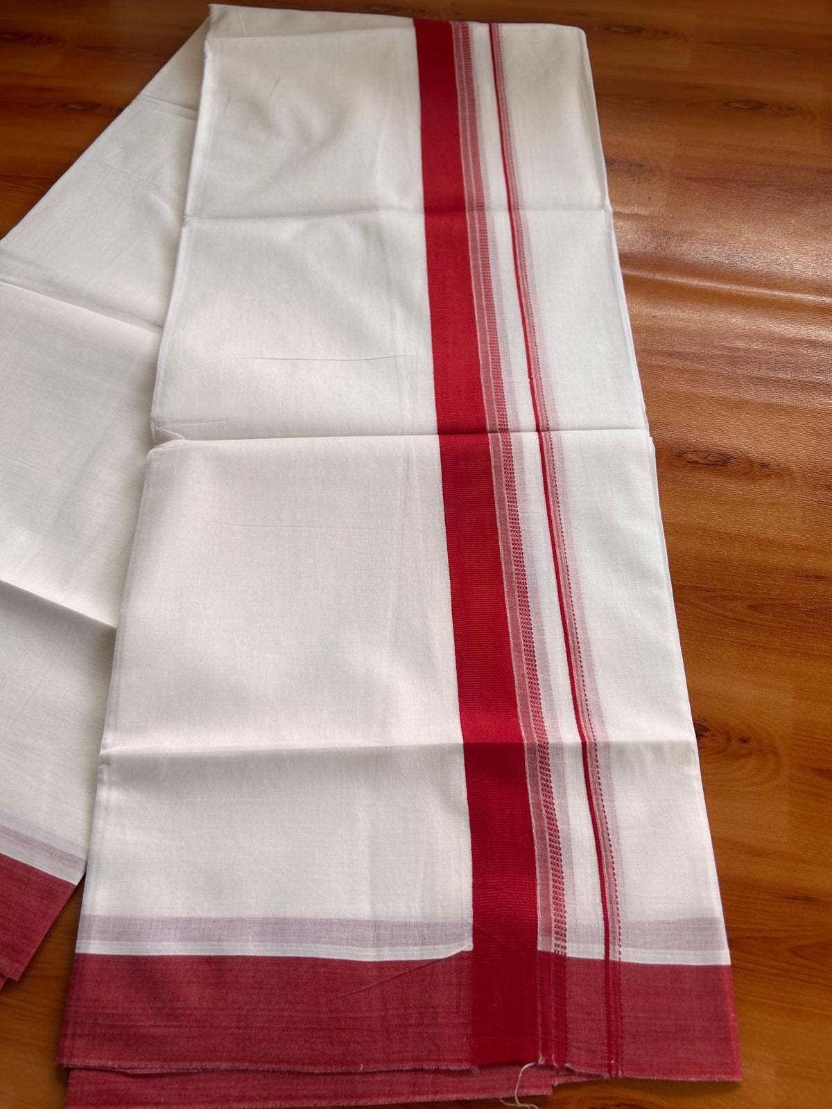 Pure White Double Mundu/Dhoti - 20% Discount ! Kaitharikada Pure Cotton - 100x80 - 1.25 inch Red striped Kara 3.80 mtr (8 muzham) - 56 KK5523 MC