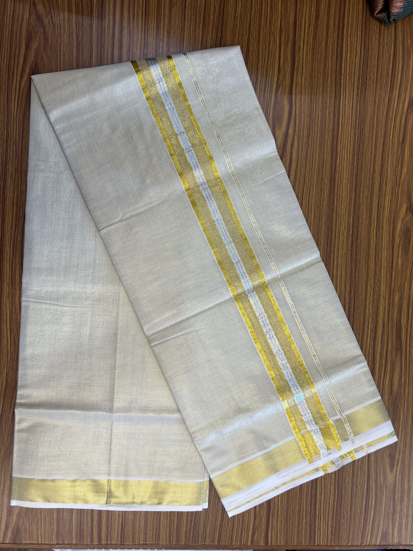 20% Discount! KaithariKada Balaramapuram 100% Cotton - Gold Kasav Tissue Double Dhoti/Mund- 80X90 - 2 inch Gold Kasav & Silver kasav Stripes Kara 4 mtr (8.5 muzham) - 4 KK5341 VIN