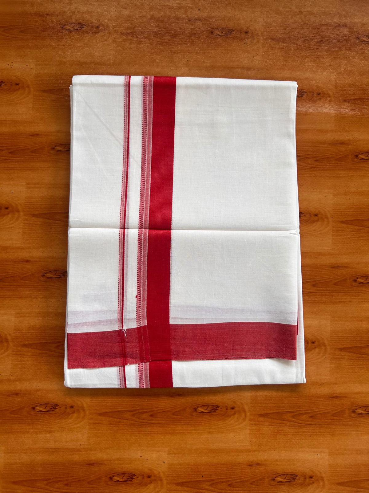 Pure White Double Mundu/Dhoti - 20% Discount ! Kaitharikada Pure Cotton - 100x80 - 1.25 inch Red striped Kara 3.80 mtr (8 muzham) - 56 KK5523 MC