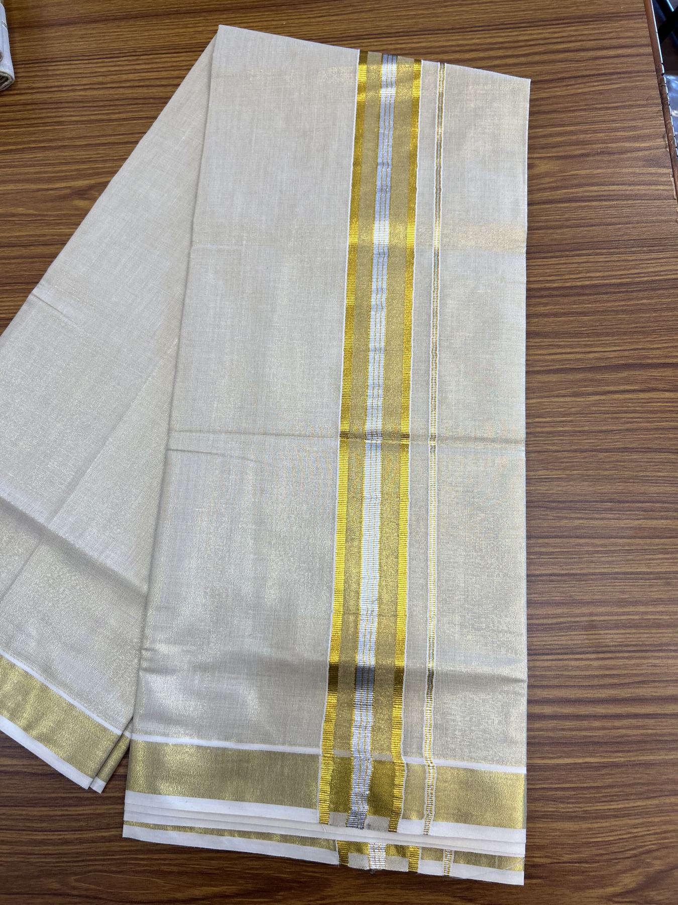 20% Discount! KaithariKada Balaramapuram 100% Cotton - Gold Kasav Tissue Double Dhoti/Mund- 80X90 - 2 inch Gold Kasav & Silver kasav Stripes Kara 4 mtr (8.5 muzham) - 4 KK5341 VIN