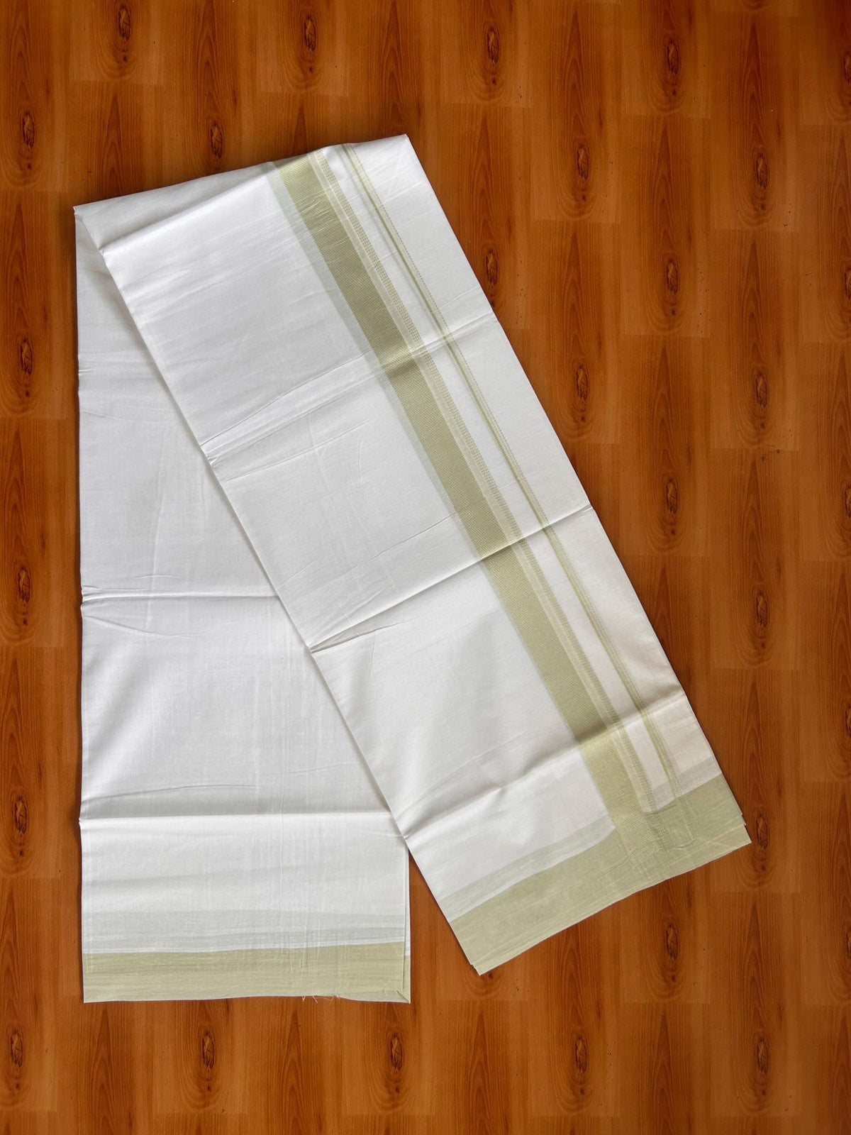 Pure White Double Mundu/Dhoti - 20% Discount ! Kaitharikada Pure Cotton - 100x80 - 1.25 inch Pastel Green striped Kara 3.80 mtr (8 muzham) - 50 KK5523 MC