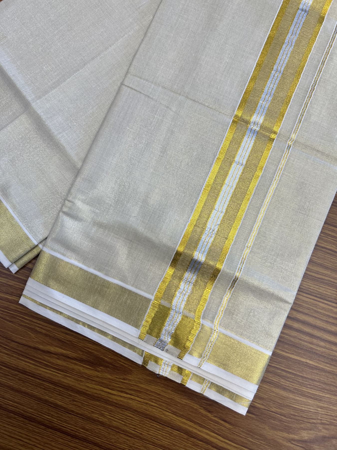 20% Discount! KaithariKada Balaramapuram 100% Cotton - Gold Kasav Tissue Double Dhoti/Mund- 80X90 - 2 inch Gold Kasav & Silver kasav Stripes Kara 4 mtr (8.5 muzham) - 4 KK5341 VIN