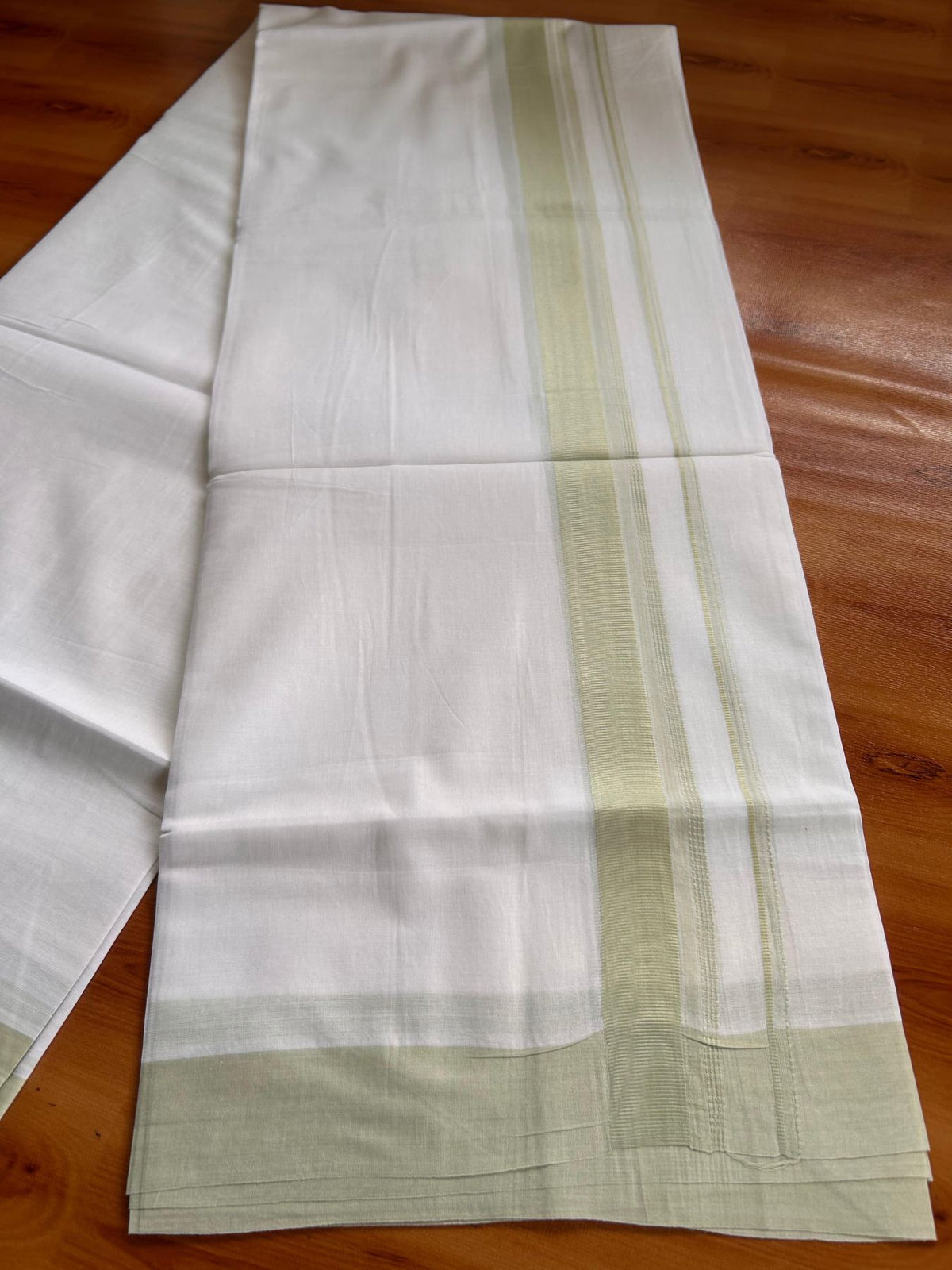 Pure White Double Mundu/Dhoti - 20% Discount ! Kaitharikada Pure Cotton - 100x80 - 1.25 inch Pastel Green striped Kara 3.80 mtr (8 muzham) - 50 KK5523 MC