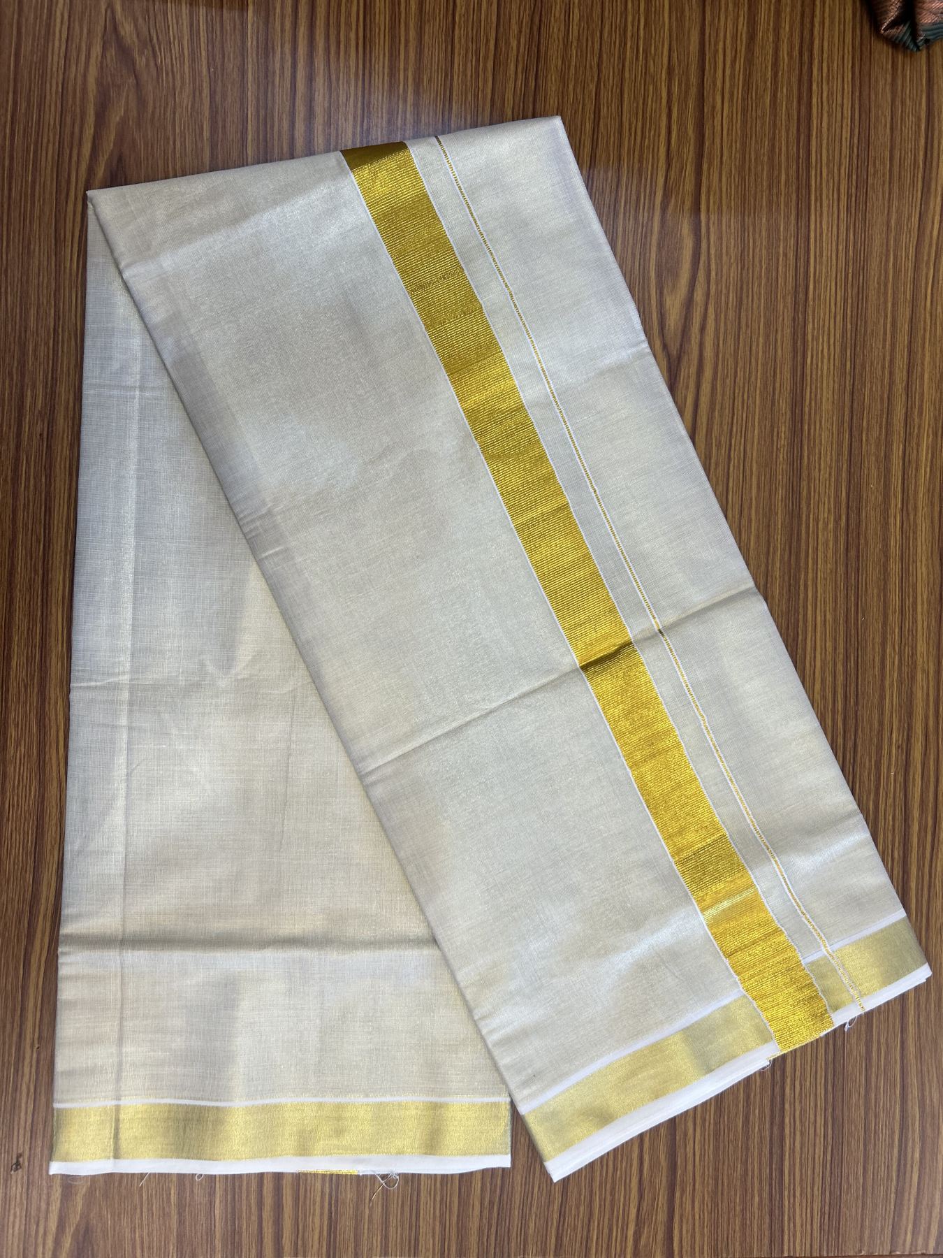 20% Discount! KaithariKada Balaramapuram 100% Cotton - Gold Kasav Tissue Double Dhoti/Mund- 80X90 - 1.5 inch Gold Kasav Kara 4 mtr (8.5 muzham) - 7 KK5341 VIN