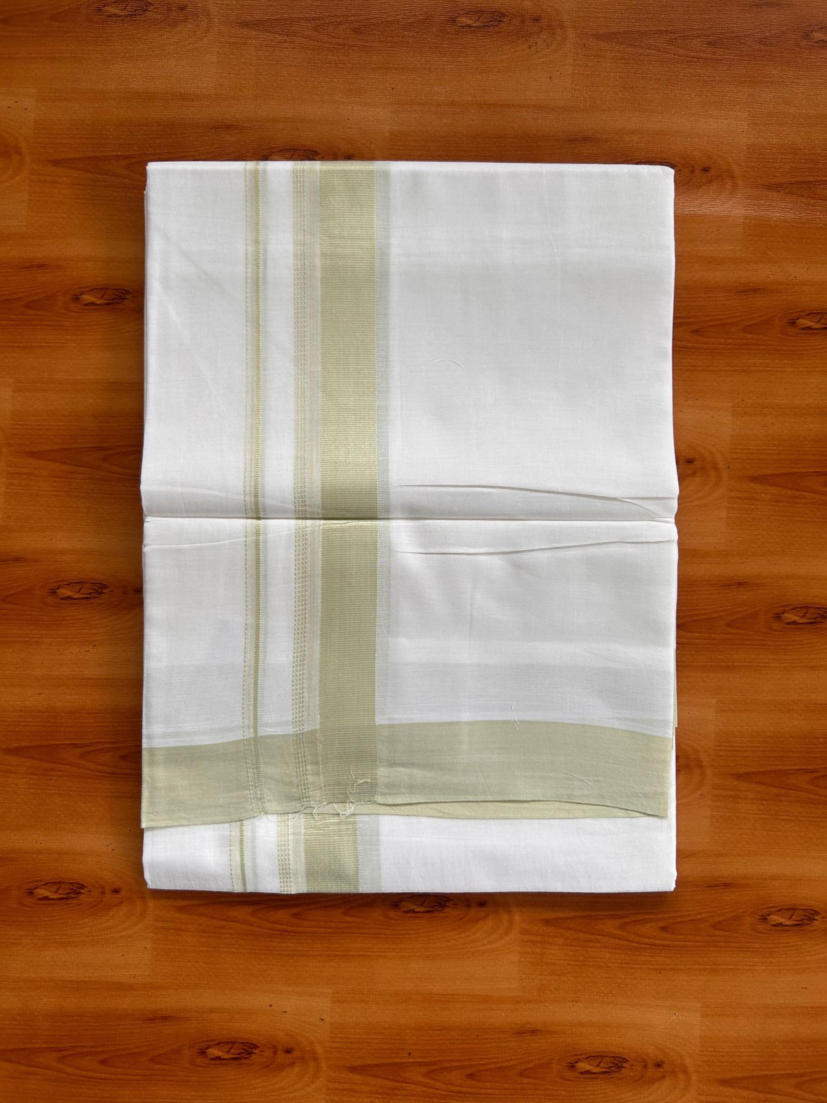 Pure White Double Mundu/Dhoti - 20% Discount ! Kaitharikada Pure Cotton - 100x80 - 1.25 inch Pastel Green striped Kara 3.80 mtr (8 muzham) - 50 KK5523 MC