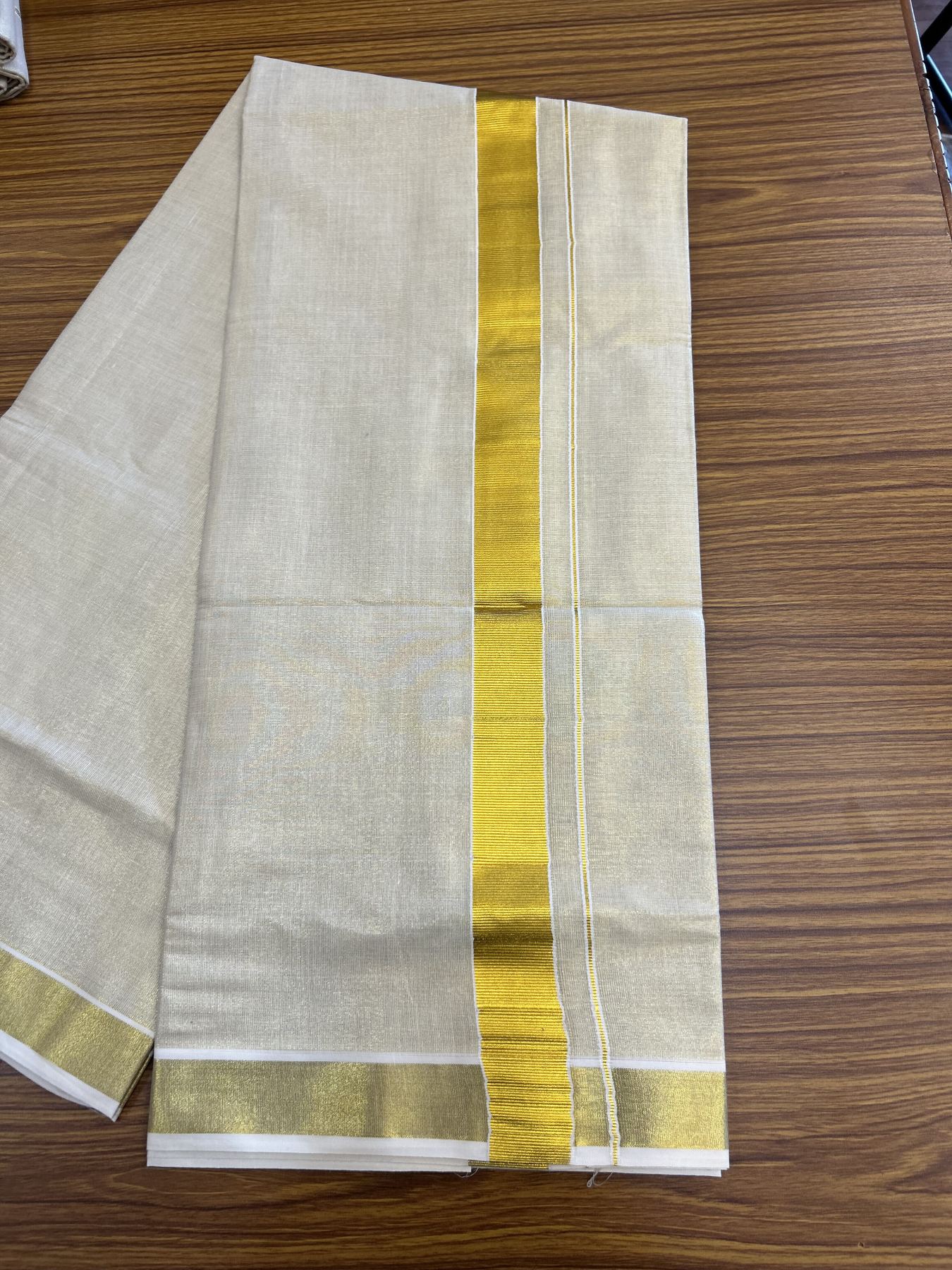 20% Discount! KaithariKada Balaramapuram 100% Cotton - Gold Kasav Tissue Double Dhoti/Mund- 80X90 - 1.5 inch Gold Kasav Kara 4 mtr (8.5 muzham) - 7 KK5341 VIN
