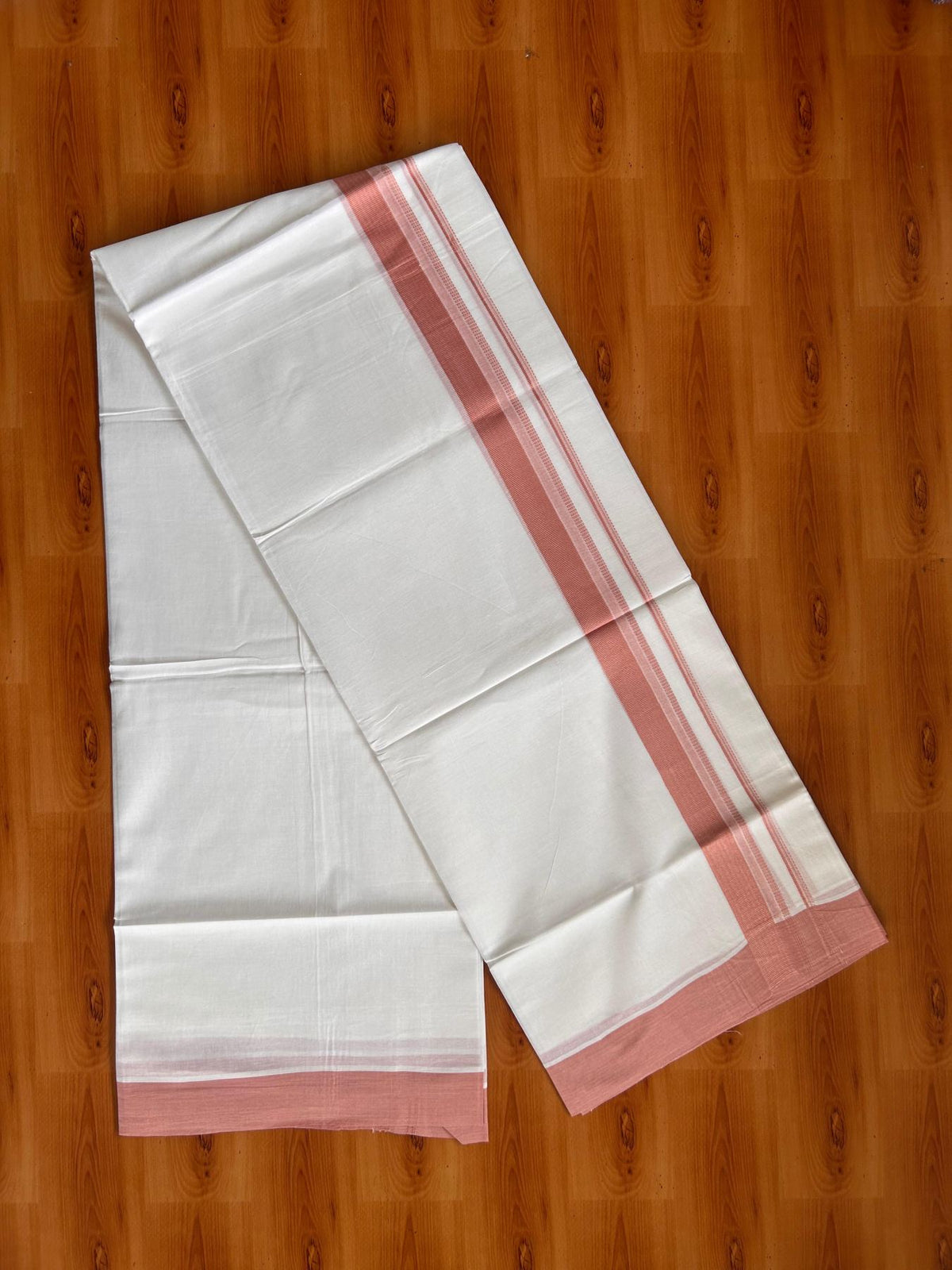 Pure White Double Mundu/Dhoti - 20% Discount ! Kaitharikada Pure Cotton - 100x80 - 1.25 inch Dusty Peach striped Kara 3.80 mtr (8 muzham) - 53 KK5523 MC