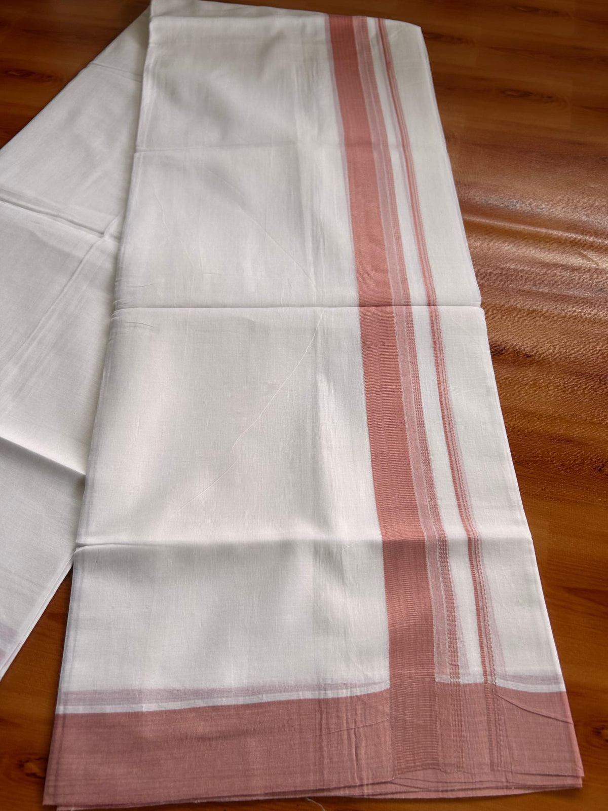 Pure White Double Mundu/Dhoti - 20% Discount ! Kaitharikada Pure Cotton - 100x80 - 1.25 inch Dusty Peach striped Kara 3.80 mtr (8 muzham) - 53 KK5523 MC