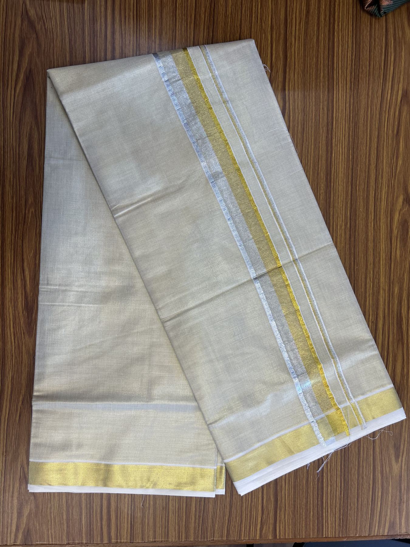 20% Discount! KaithariKada Balaramapuram 100% Cotton - Gold Kasav Tissue Double Dhoti/Mund- 80X90 - 1.75 inch Gold Kasav & Silver kasav Shaded Kara 4 mtr (8.5 muzham) - 3 KK5341 VIN