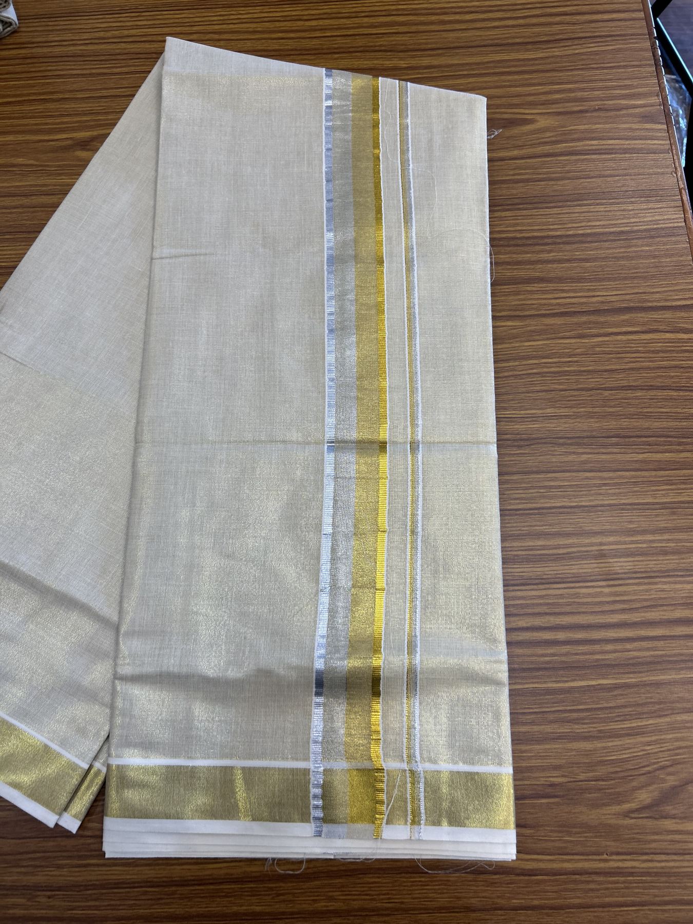 20% Discount! KaithariKada Balaramapuram 100% Cotton - Gold Kasav Tissue Double Dhoti/Mund- 80X90 - 1.75 inch Gold Kasav & Silver kasav Shaded Kara 4 mtr (8.5 muzham) - 3 KK5341 VIN