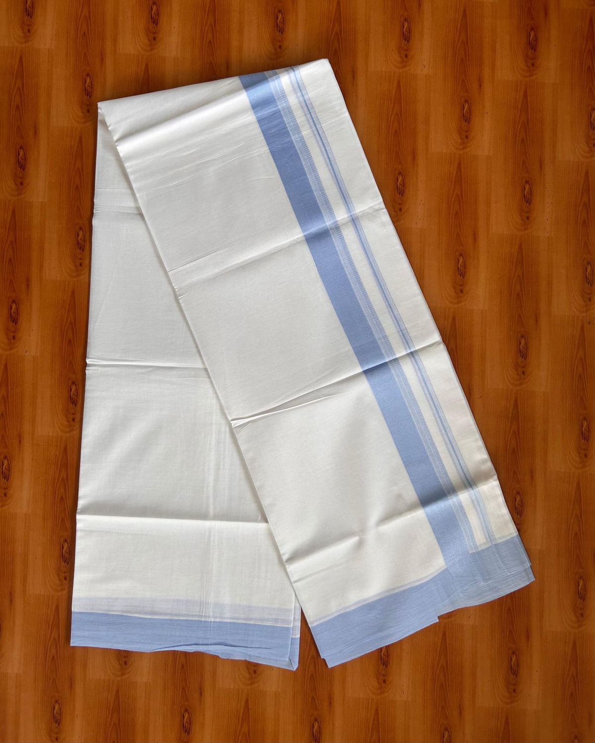 Pure White Double Mundu/Dhoti - 20% Discount ! Kaitharikada Pure Cotton - 100x80 - 1.25 inch Sky Blue striped Kara 3.80 mtr (8 muzham) - 54 KK5523 MC