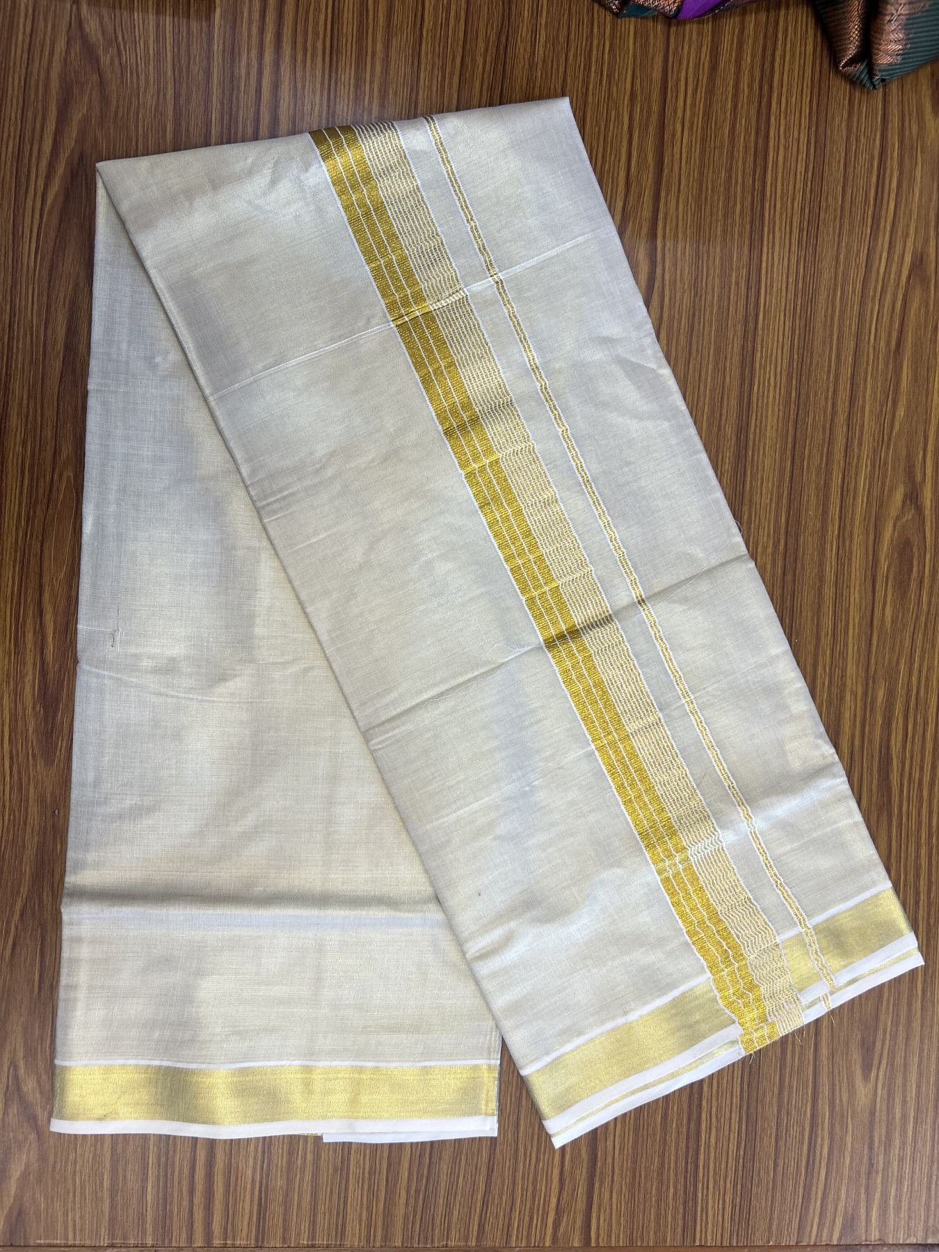 20% Discount! KaithariKada Balaramapuram 100% Cotton - Gold Kasav Tissue Double Dhoti/Mund- 80X90 - 2 inch Gold Kasav Stripes Kara 4 mtr (8.5 muzham) - 2 KK5341 VIN