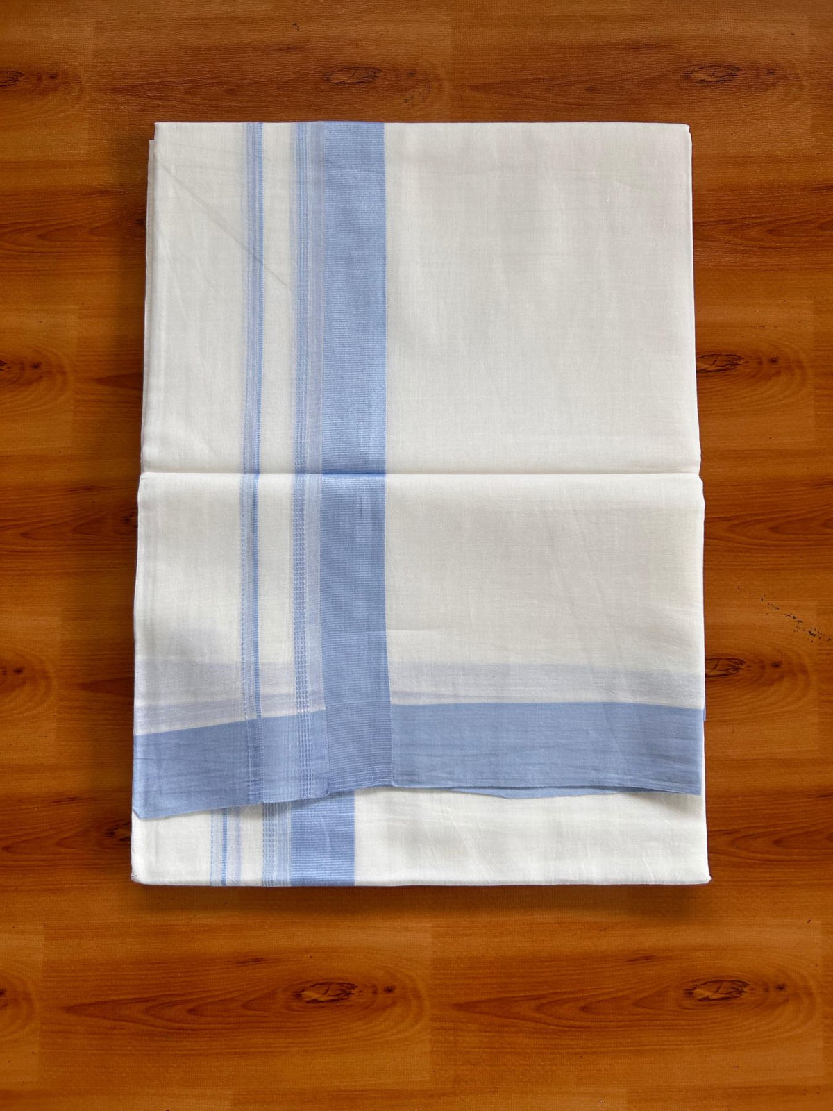 Pure White Double Mundu/Dhoti - 20% Discount ! Kaitharikada Pure Cotton - 100x80 - 1.25 inch Sky Blue striped Kara 3.80 mtr (8 muzham) - 54 KK5523 MC
