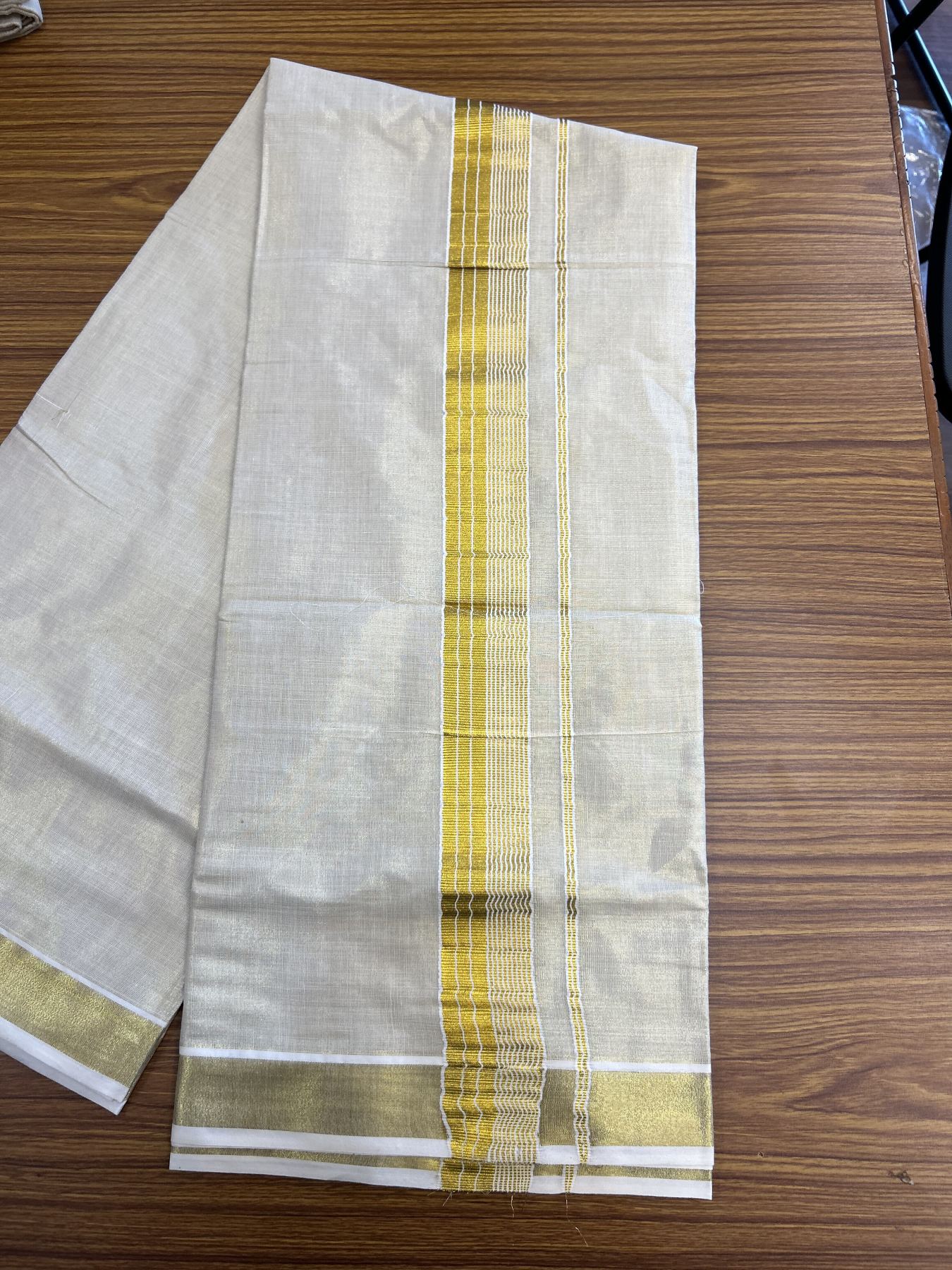20% Discount! KaithariKada Balaramapuram 100% Cotton - Gold Kasav Tissue Double Dhoti/Mund- 80X90 - 2 inch Gold Kasav Stripes Kara 4 mtr (8.5 muzham) - 2 KK5341 VIN