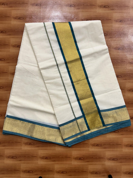 Off White Saree - 25% Discount! Kaitharikada Kerala Traditional Mixed Cotton Kasavu Saree - 3 Inch Pallu - Gold Kasav & Peacock Green Kara - 16 KK7000 PMC
