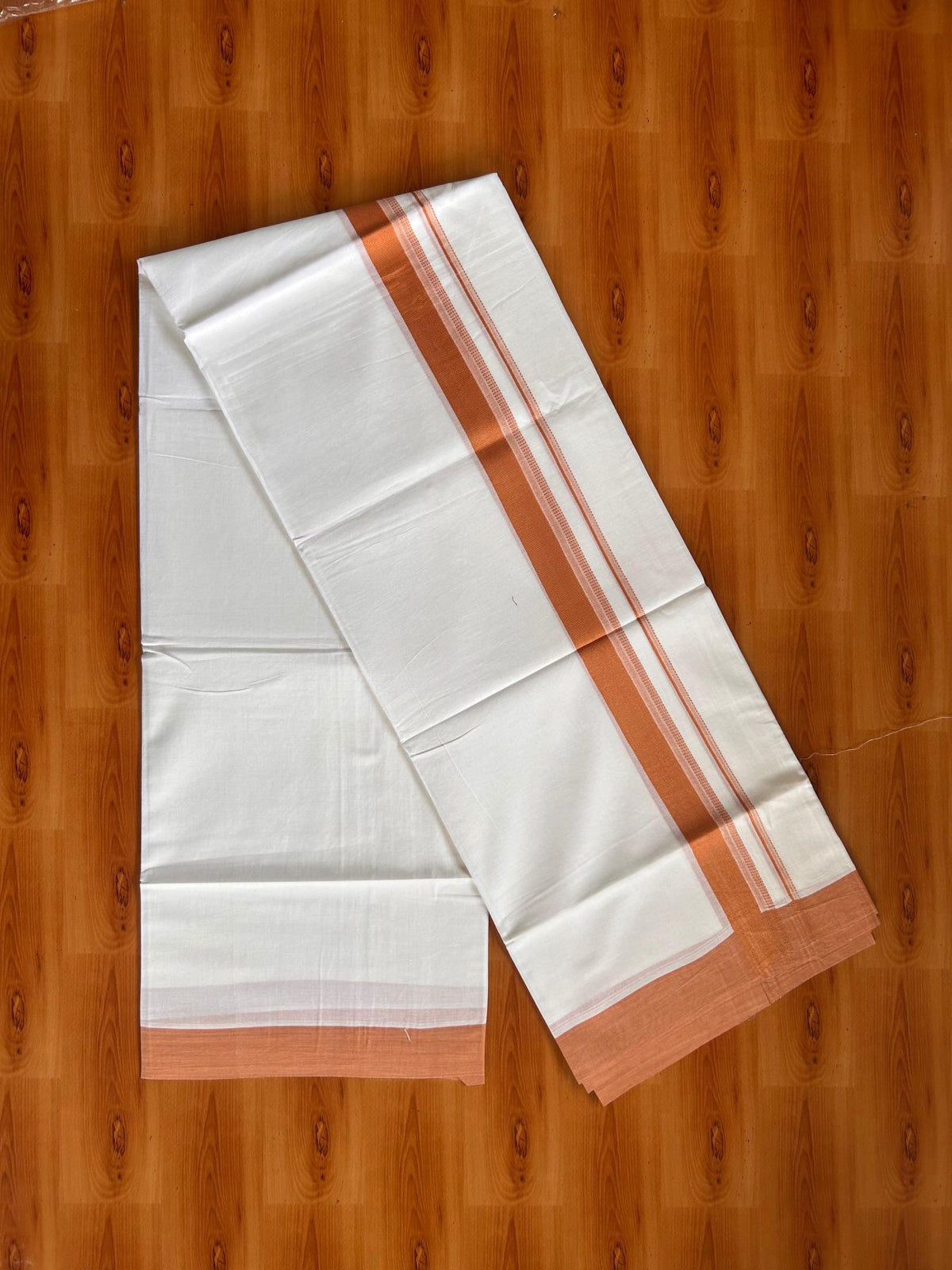 Pure White Double Mundu/Dhoti - 20% Discount ! Kaitharikada Pure Cotton - 100x80 - 1.25 inch Dusty Orange striped Kara 3.80 mtr (8 muzham) - 55 KK5523 MC
