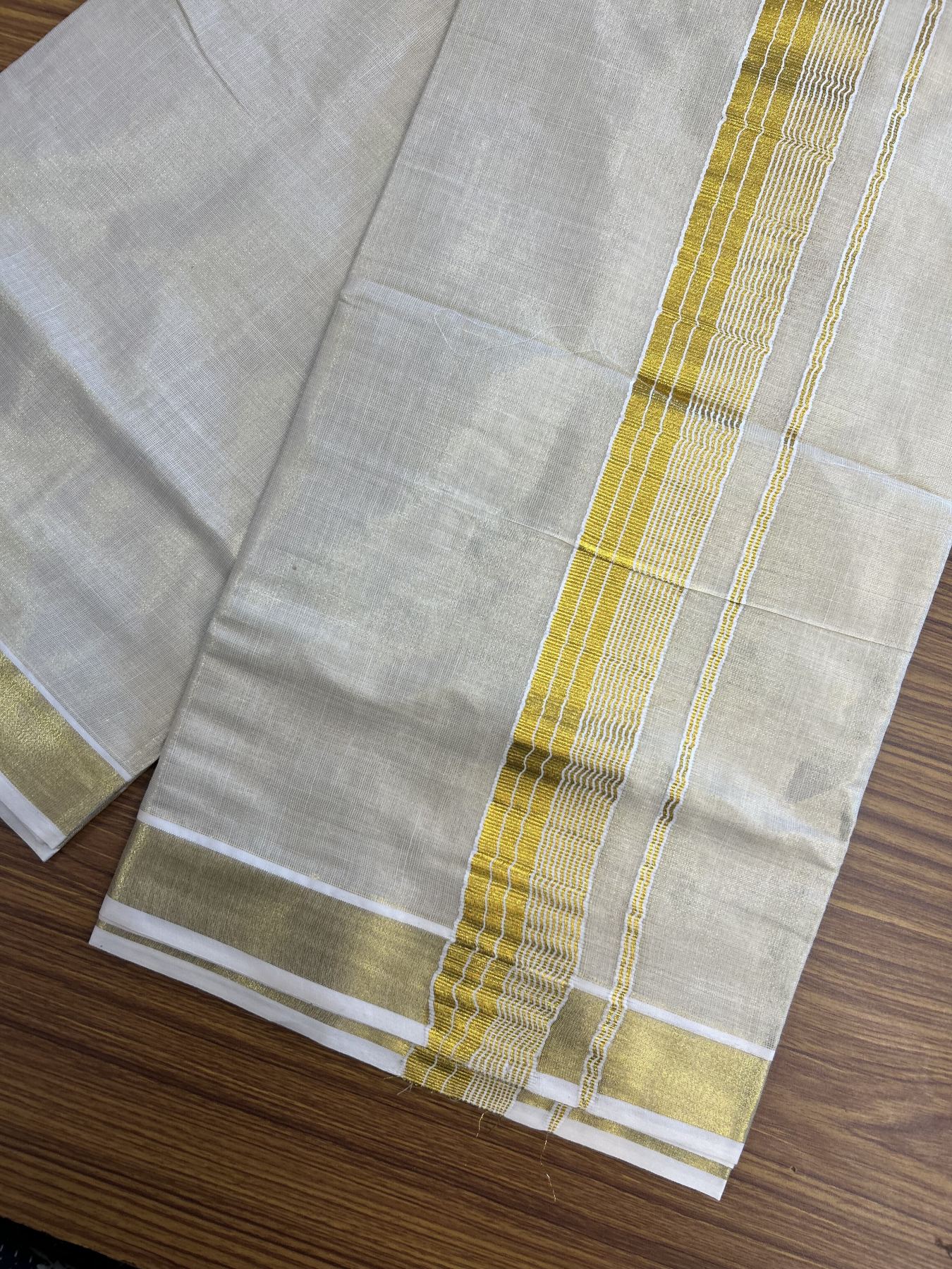 20% Discount! KaithariKada Balaramapuram 100% Cotton - Gold Kasav Tissue Double Dhoti/Mund- 80X90 - 2 inch Gold Kasav Stripes Kara 4 mtr (8.5 muzham) - 2 KK5341 VIN
