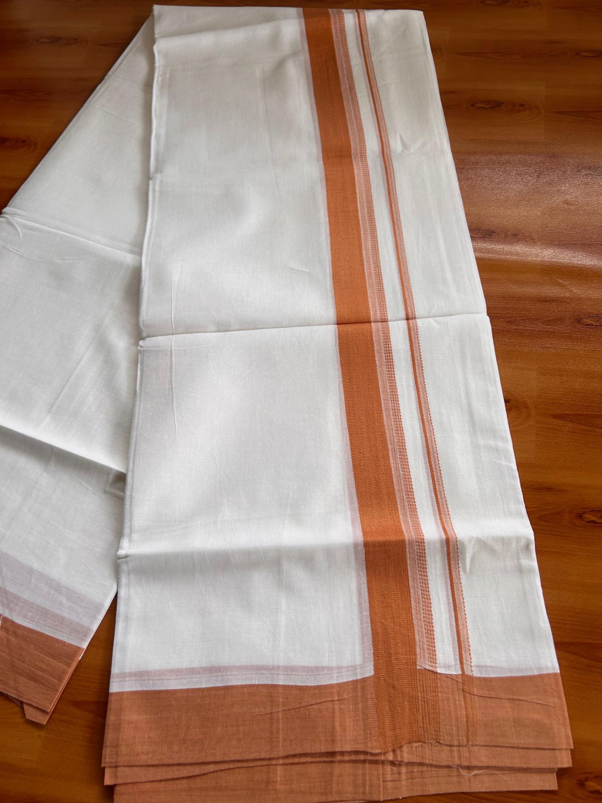 Pure White Double Mundu/Dhoti - 20% Discount ! Kaitharikada Pure Cotton - 100x80 - 1.25 inch Dusty Orange striped Kara 3.80 mtr (8 muzham) - 55 KK5523 MC