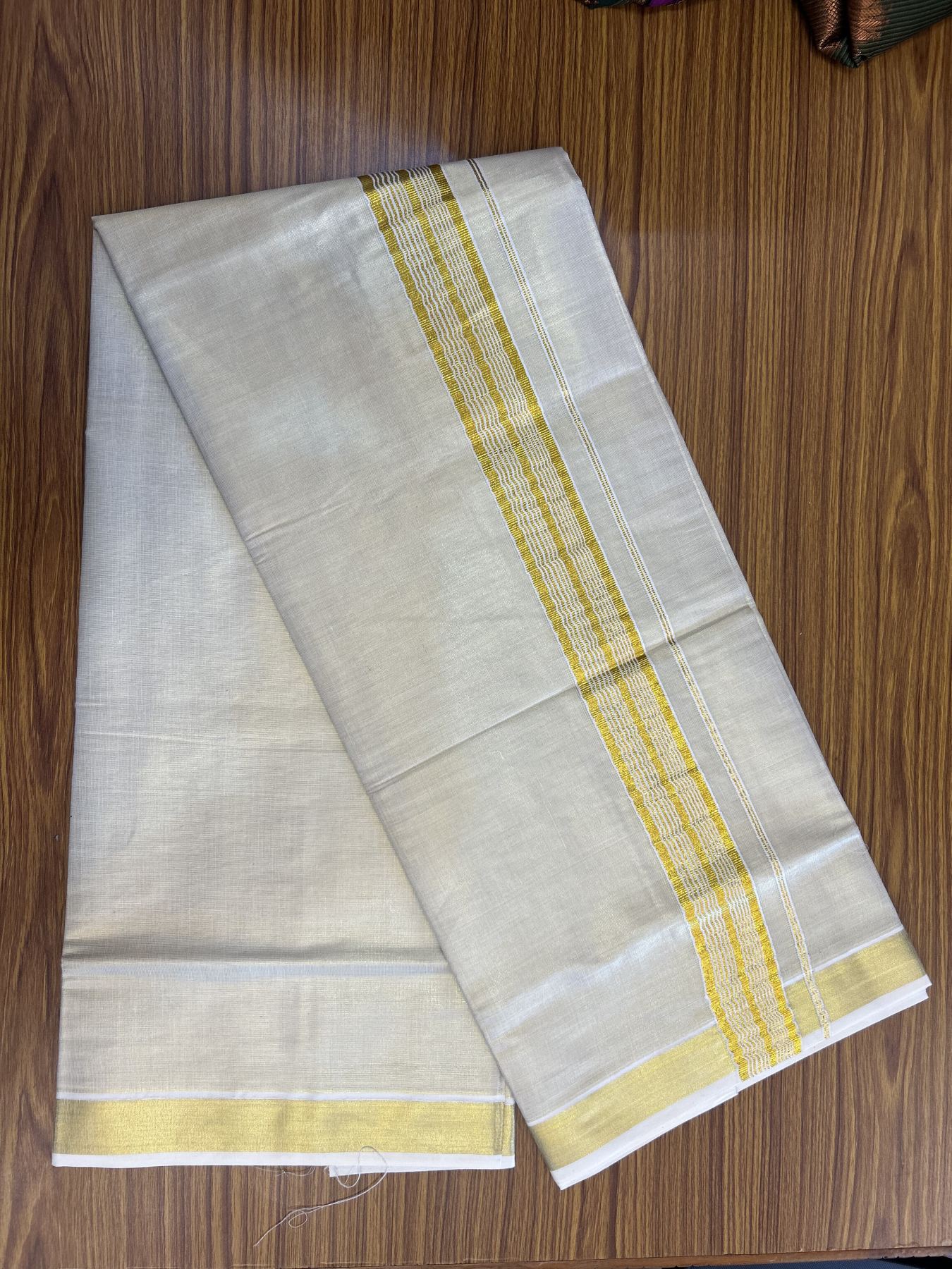 20% Discount! KaithariKada Balaramapuram 100% Cotton - Gold Kasav Tissue Double Dhoti/Mund- 80X90 - 1.75 inch Gold Kasav Stripes Kara 4 mtr (8.5 muzham) - 5 KK5341 VIN