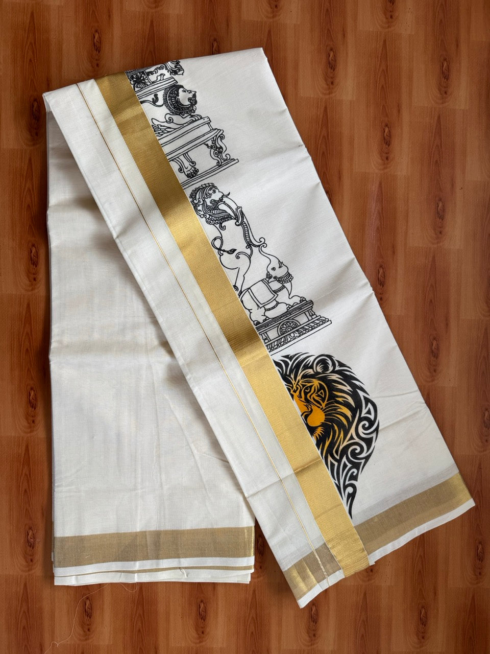 Off white Double - 20% Discount! KaithariKada  - (Unbleached) Mundu/Dhoti - Mixed Cotton (60s) -  1.5 inch Gold Kasav & Lion Hand Painted  Design Kara - 4 mtr (8.5 muzham) - 1 KK5469 PMC