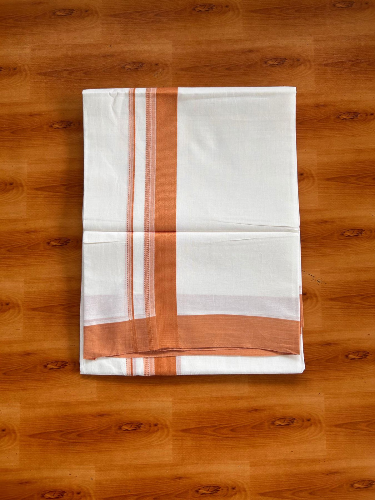 Pure White Double Mundu/Dhoti - 20% Discount ! Kaitharikada Pure Cotton - 100x80 - 1.25 inch Dusty Orange striped Kara 3.80 mtr (8 muzham) - 55 KK5523 MC