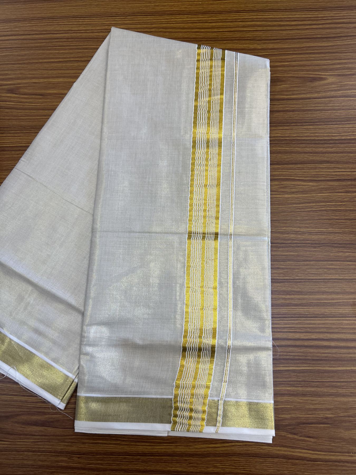 20% Discount! KaithariKada Balaramapuram 100% Cotton - Gold Kasav Tissue Double Dhoti/Mund- 80X90 - 1.75 inch Gold Kasav Stripes Kara 4 mtr (8.5 muzham) - 5 KK5341 VIN