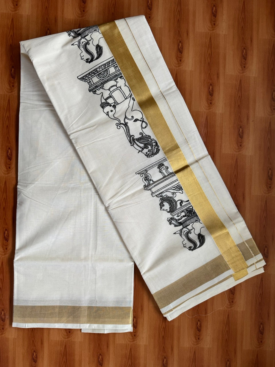 Off white Double - 20% Discount! KaithariKada  - (Unbleached) Mundu/Dhoti - Mixed Cotton (60s) -  1.5 inch Gold Kasav & Lion Hand Painted  Design Kara - 4 mtr (8.5 muzham) - 1 KK5469 PMC
