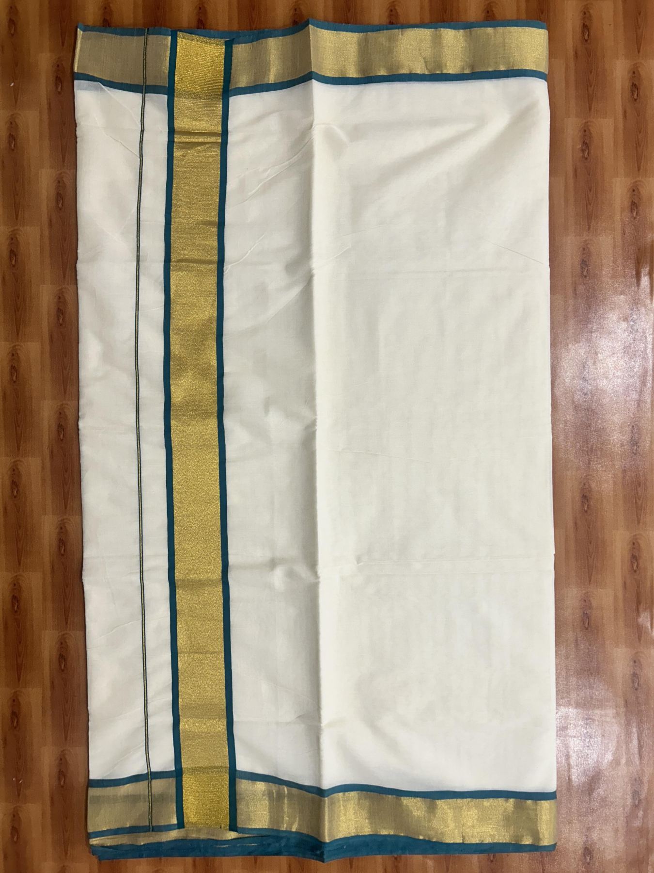 Off White Saree - 25% Discount! Kaitharikada Kerala Traditional Mixed Cotton Kasavu Saree - 3 Inch Pallu - Gold Silver Kasav & Peacock Green Kara - 16 KK7000 PMC