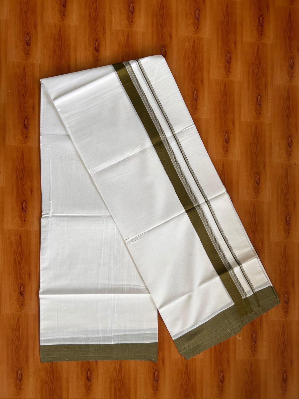 Pure White Double Mundu/Dhoti - 20% Discount ! Kaitharikada Pure Cotton - 100x80 - 1.25 inch Dark Olive Green striped Kara 3.80 mtr (8 muzham) - 52 KK5523 MC
