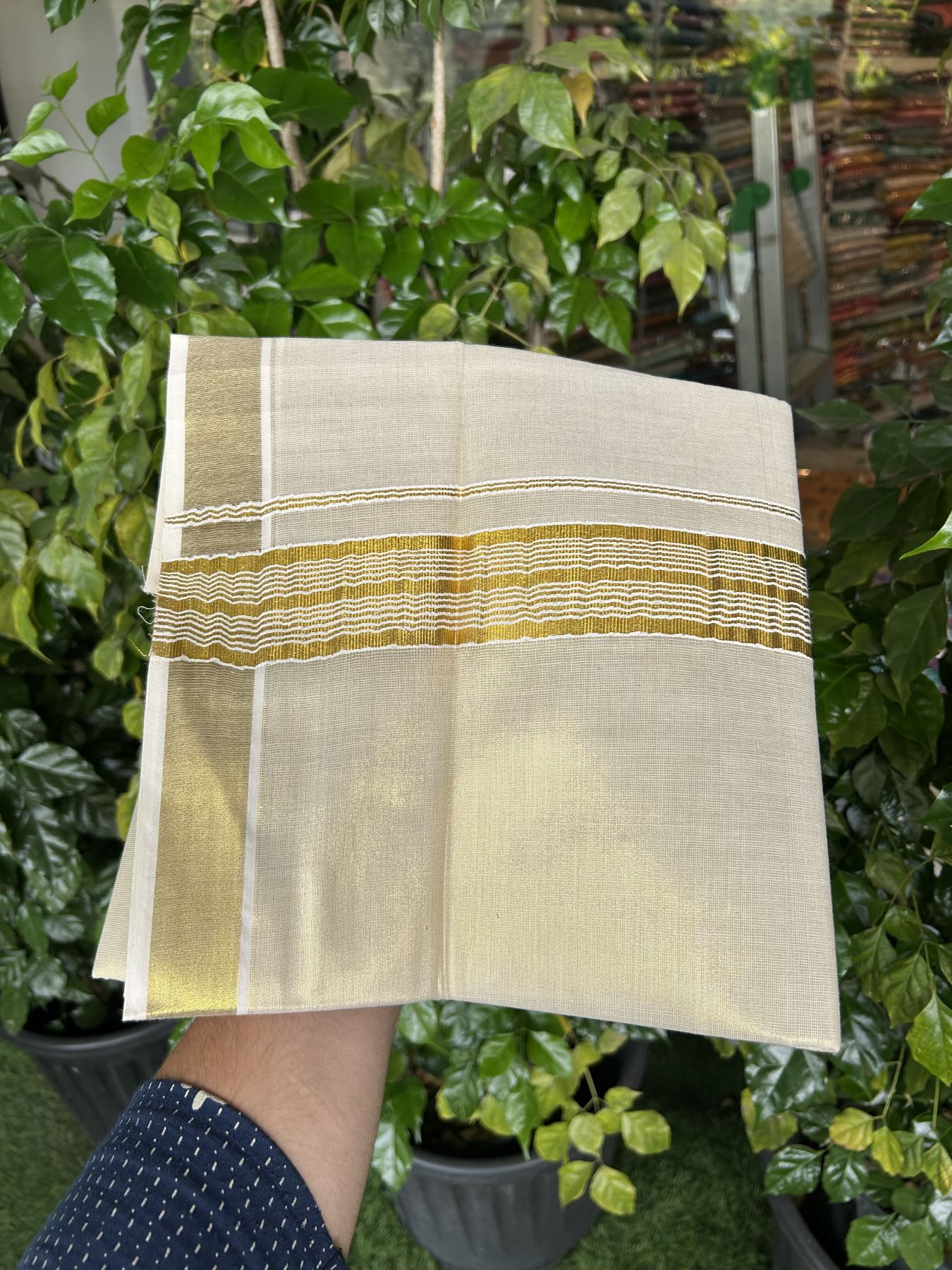 20% Discount! KaithariKada Balaramapuram 100% Cotton - Gold Kasav Tissue Double Dhoti/Mund- 80X90 - 1.75 inch Gold Kasav Stripes Kara 4 mtr (8.5 muzham) - 5 KK5341 VIN