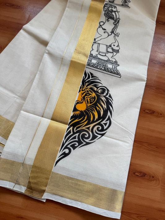 Off white Double - 20% Discount! KaithariKada  - (Unbleached) Mundu/Dhoti - Mixed Cotton (60s) -  1.5 inch Gold Kasav & Lion Hand Painted  Design Kara - 4 mtr (8.5 muzham) - 1 KK5469 PMC