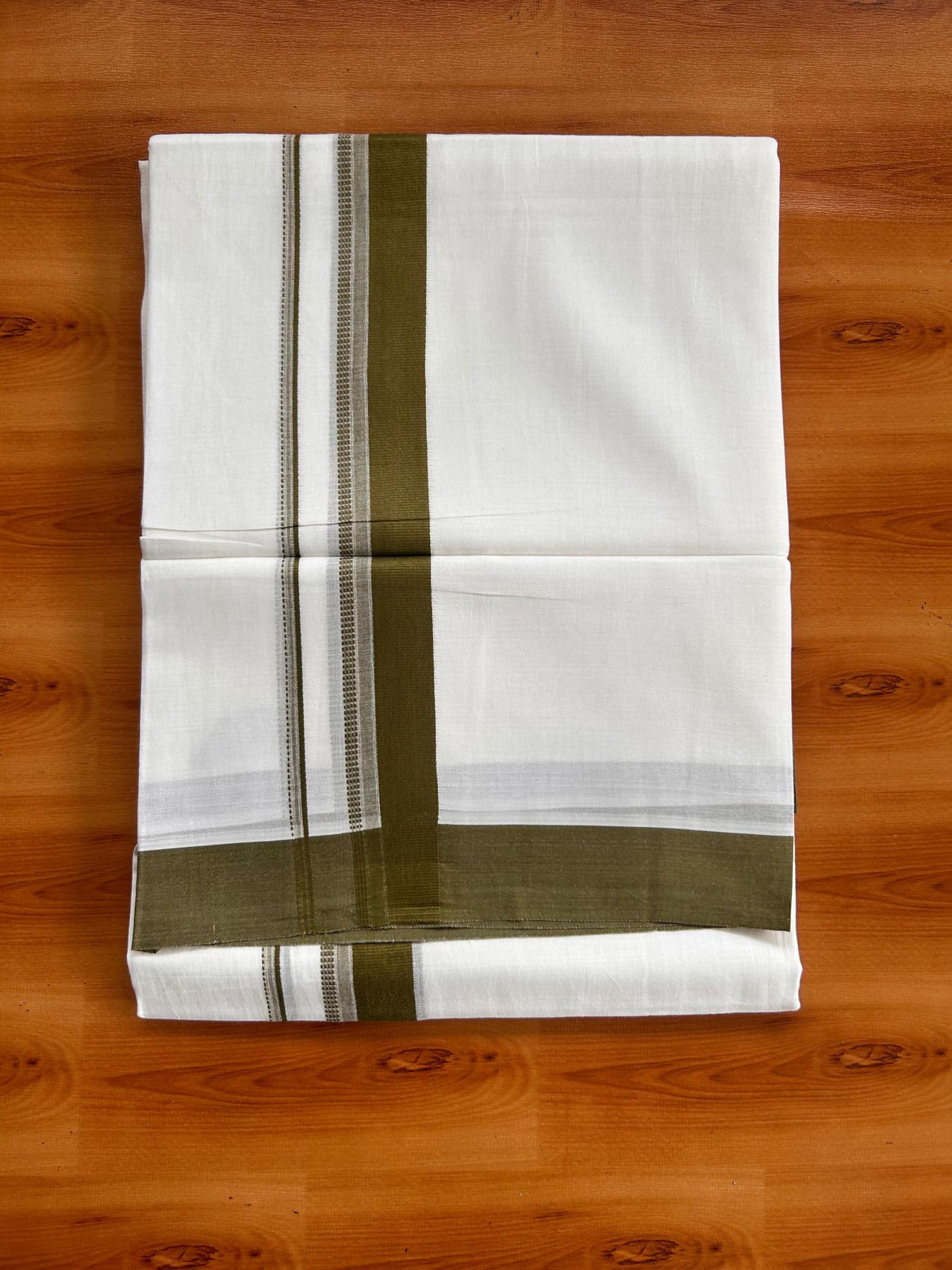 Pure White Double Mundu/Dhoti - 20% Discount ! Kaitharikada Pure Cotton - 100x80 - 1.25 inch Dark Olive Green striped Kara 3.80 mtr (8 muzham) - 52 KK5523 MC