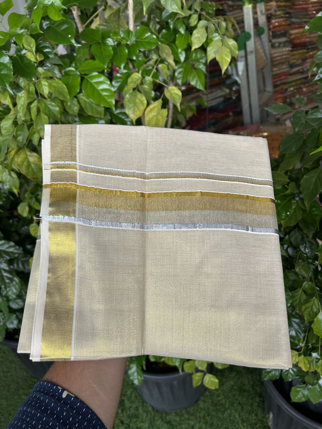 20% Discount! KaithariKada Balaramapuram 100% Cotton - Gold Kasav Tissue Double Dhoti/Mund- 80X90 - 1.75 inch Gold Kasav & Silver kasav Shaded Kara 4 mtr (8.5 muzham) - 3 KK5341 VIN