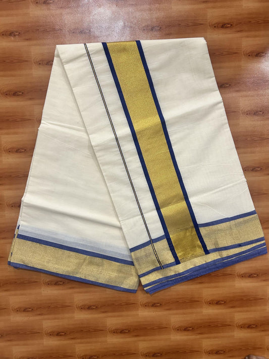 Off White Saree - 25% Discount! Kaitharikada Kerala Traditional Mixed Cotton Kasavu Saree - 3 Inch Pallu - Gold Kasav & Dark Blue Kara - 17 KK7000 PMC