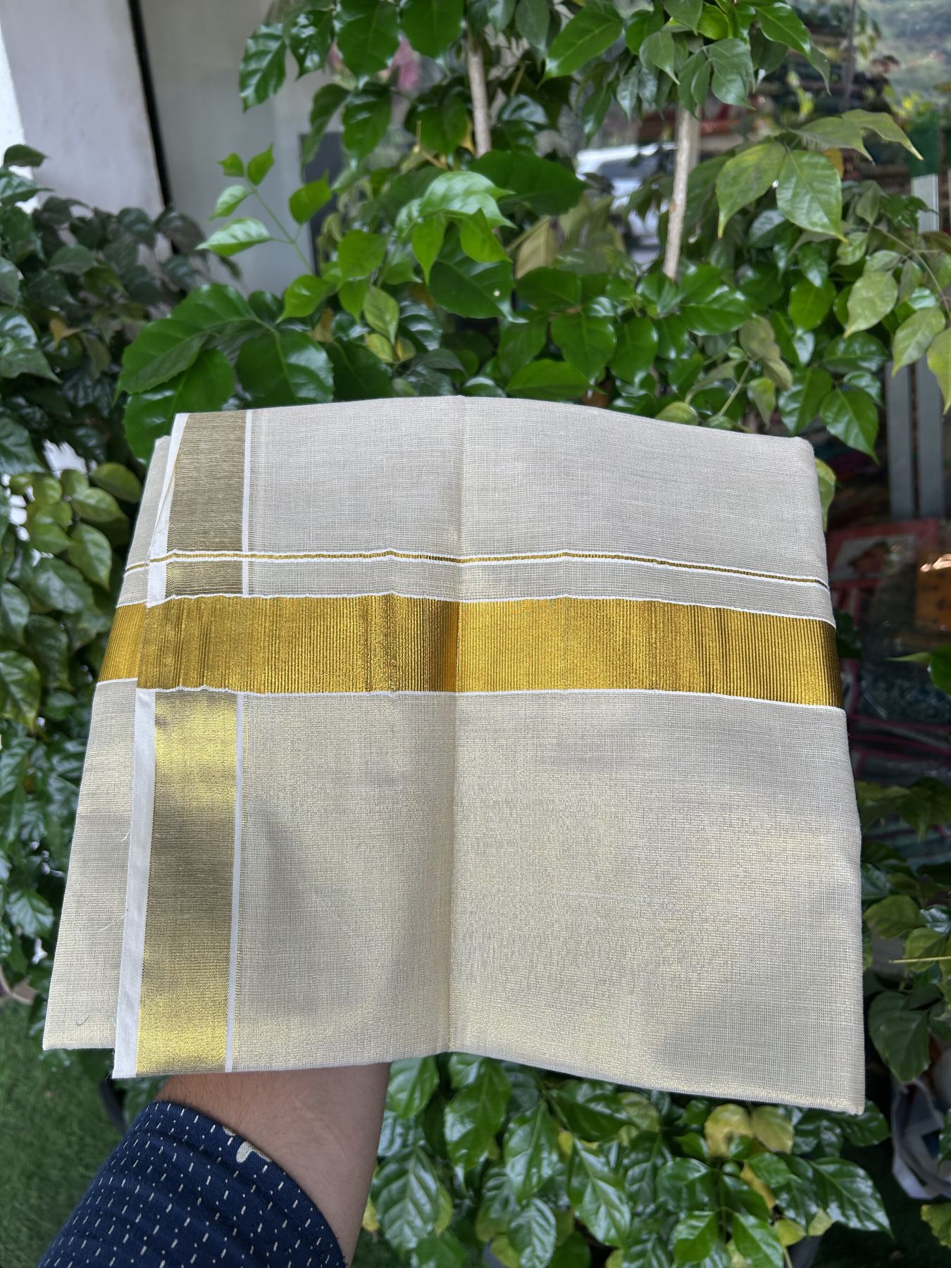20% Discount! KaithariKada Balaramapuram 100% Cotton - Gold Kasav Tissue Double Dhoti/Mund- 80X90 - 1.5 inch Gold Kasav Kara 4 mtr (8.5 muzham) - 7 KK5341 VIN