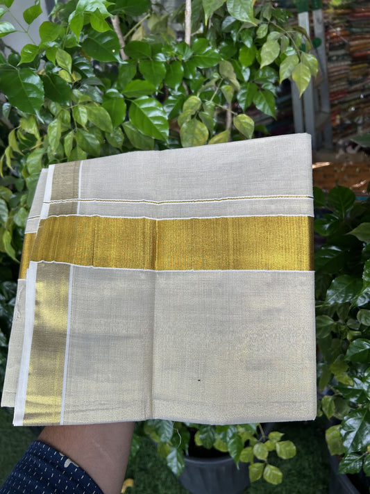 20% Discount! KaithariKada Balaramapuram 100% Cotton - Gold Kasav Tissue Double Dhoti/Mund- 80X90 - 2 inch Gold Kasav Kara 4 mtr (8.5 muzham) - 6 KK5341 VIN