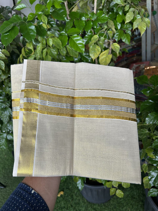 20% Discount! KaithariKada Balaramapuram 100% Cotton - Gold Kasav Tissue Double Dhoti/Mund- 80X90 - 2 inch Gold Kasav & Silver kasav Stripes Kara 4 mtr (8.5 muzham) - 4 KK5341 VIN