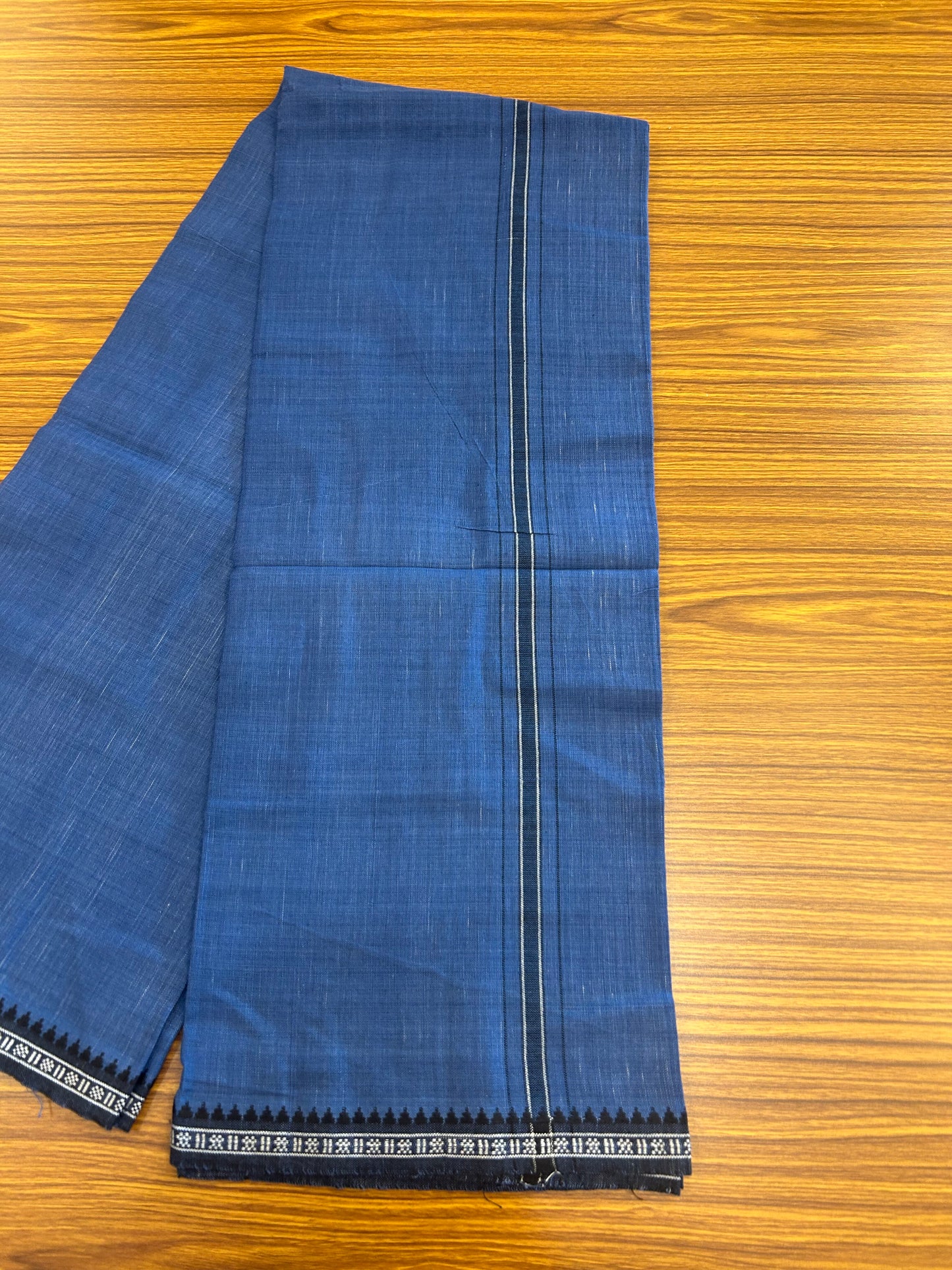 Premium Kathar Type Mund Pure cotton - Kaitharikada - Single Kaily / Lungi - 1 inch Black Stripes Kara kuppadam Border with Blue colour body (2 meter / 4 muzham) - 74 KK8050 MUT