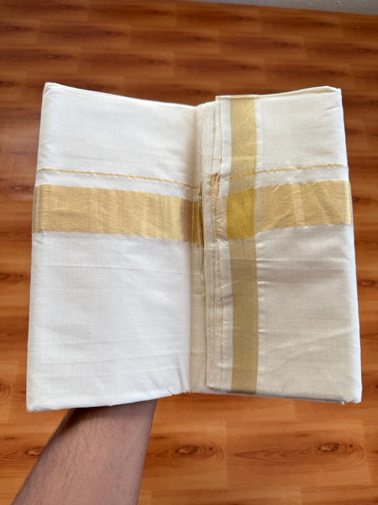 25% Discount!! KaithariKada Handloom Unakkupaav - Kerala Handloom - 100% Pure Cotton Off White Double - (Unbleached) Mundu/Dothi - 100x80 - 1.5 Inch Gold Kasav Shaded kara 4mtr (8.5 muzham) - 1 KK5471 ABH