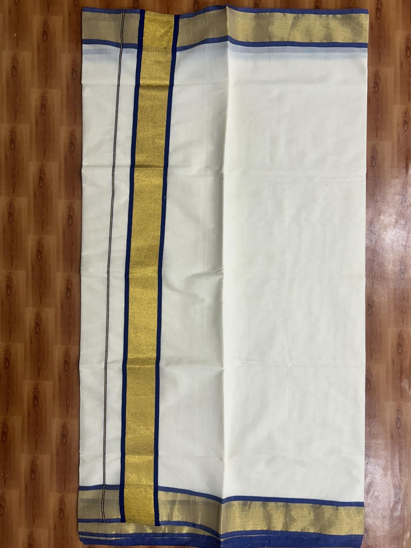 Off White Saree - 25% Discount! Kaitharikada Kerala Traditional Mixed Cotton Kasavu Saree - 3 Inch Pallu - Gold Silver Kasav & Dark Blue Kara - 17 KK7000 PMC
