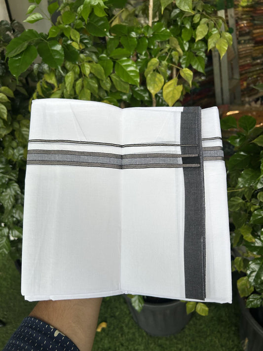 20% Discount! KaithariKada Balaramapuram 100% Cotton Double Pure white Mundu/Dhoti- 100X80 - 0.75 inch Silver Kasav & Black Striped kara - 4 mtr ( 8.5 muzham) - 20 KK5341 VIN