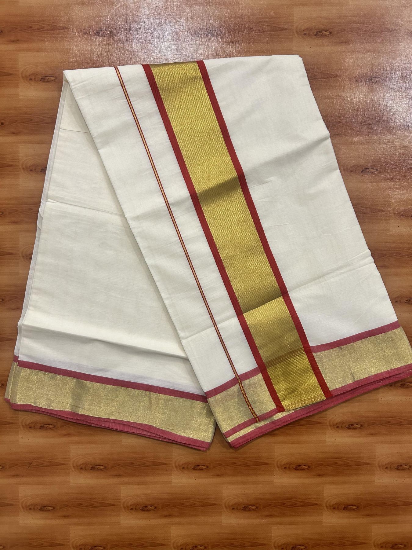 Off White Saree - 25% Discount! Kaitharikada Kerala Traditional Mixed Cotton Kasavu Saree - 3 Inch Pallu - Gold Silver Kasav & Red Kara - 18 KK7000 PMC