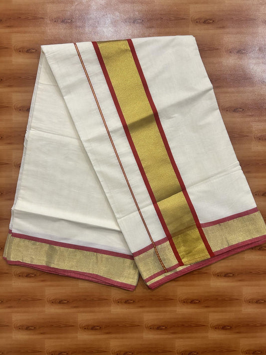 Off White Saree - 25% Discount! Kaitharikada Kerala Traditional Mixed Cotton Kasavu Saree - 3 Inch Pallu - Gold Kasav & Red Kara - 18 KK7000 PMC