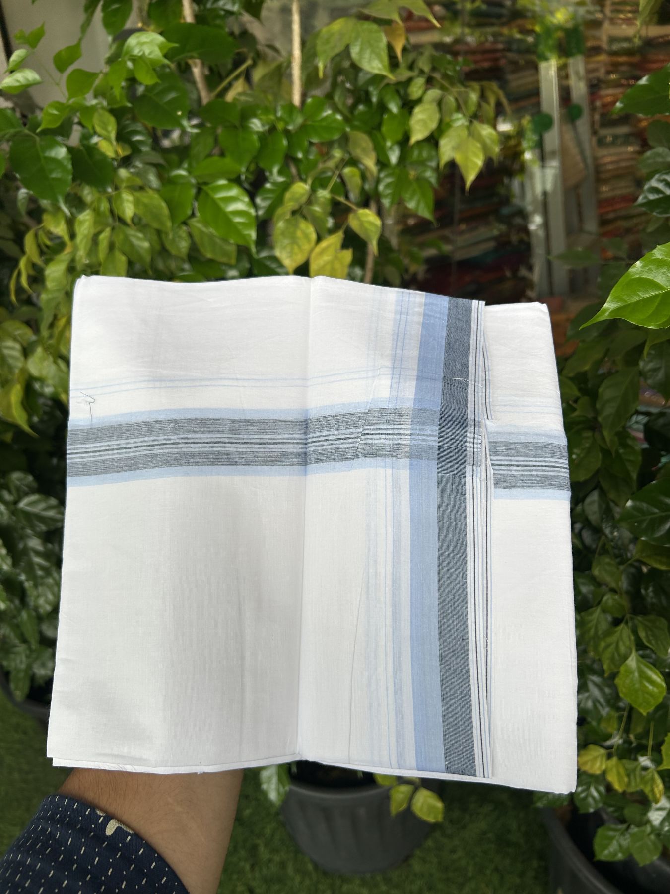 20% Discount! KaithariKada Balaramapuram 100% Cotton Double Pure white Mundu/Dhoti - 100X80 - 1.5 inch Light Blue & Ash Blue shaded Stripes kara - 4 mtr ( 8.5 muzham) - 120 KK5341 VIN