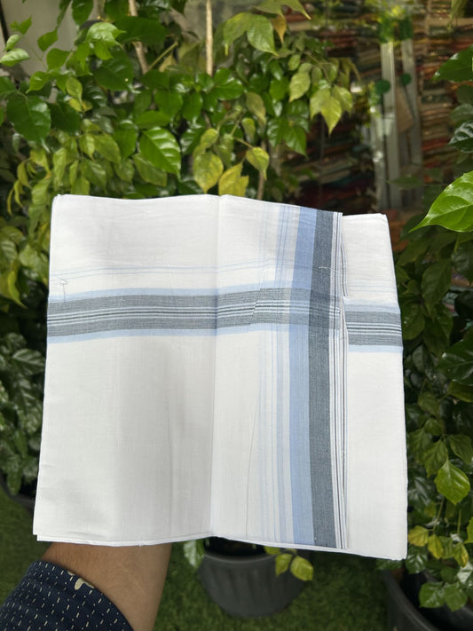 20% Discount! KaithariKada Balaramapuram 100% Cotton Double Pure white Mundu/Dhoti - 100X80 - 1.5 inch Light Blue & Ash Blue shaded Stripes kara - 4 mtr ( 8.5 muzham) - 120 KK5341 VIN