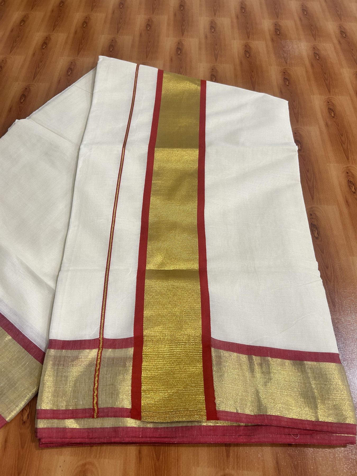 Off White Saree - 25% Discount! Kaitharikada Kerala Traditional Mixed Cotton Kasavu Saree - 3 Inch Pallu - Gold Silver Kasav & Red Kara - 18 KK7000 PMC