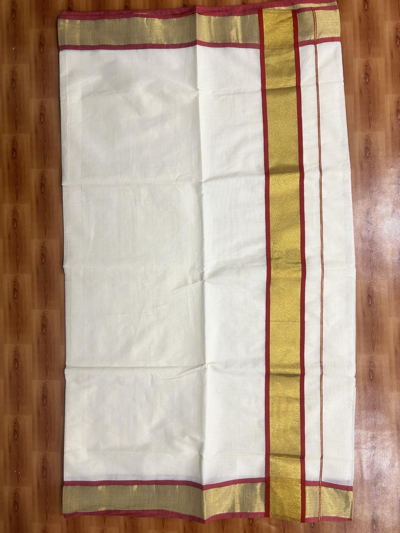 Off White Saree - 25% Discount! Kaitharikada Kerala Traditional Mixed Cotton Kasavu Saree - 3 Inch Pallu - Gold Silver Kasav & Red Kara - 18 KK7000 PMC