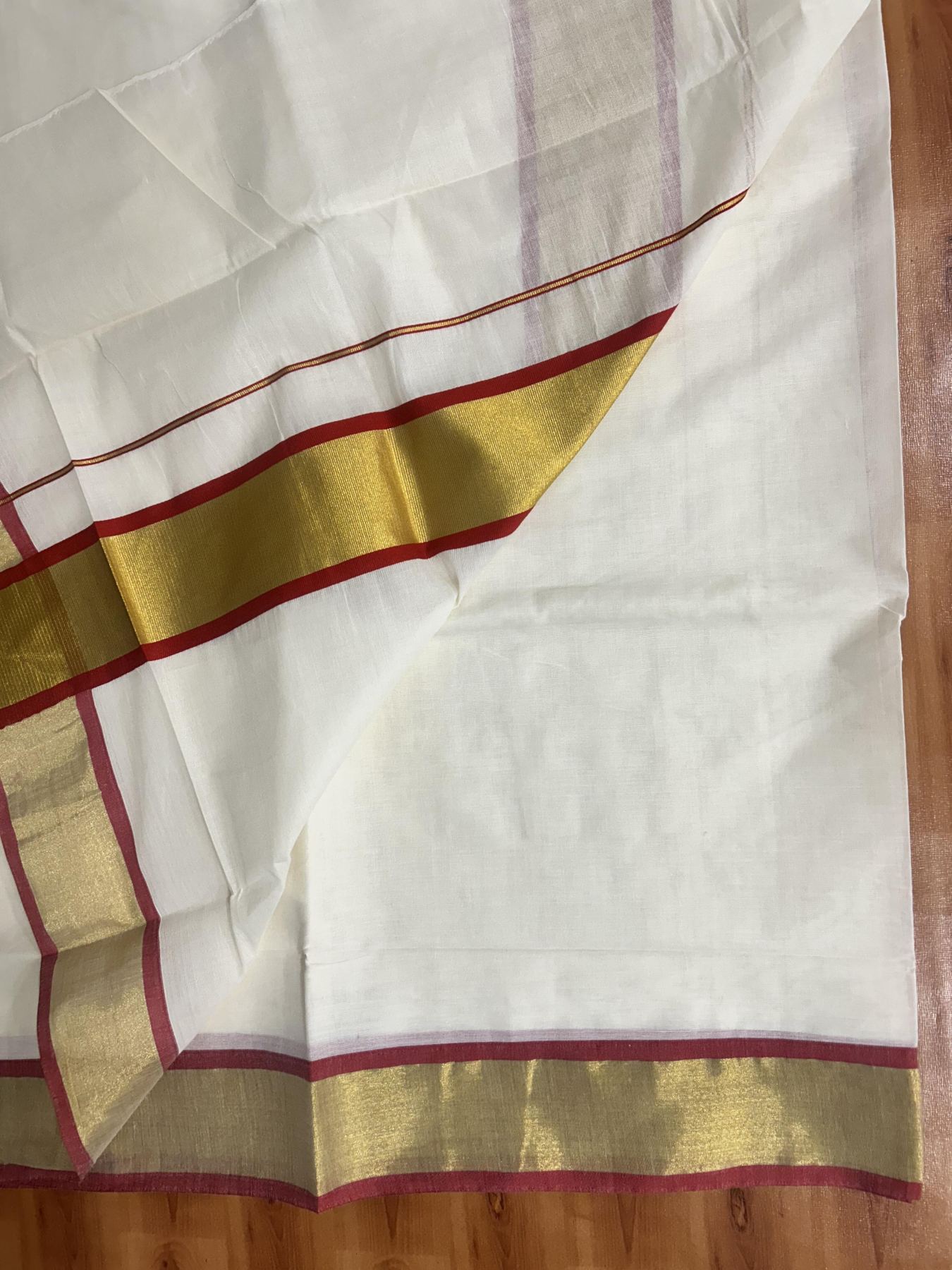 Off White Saree - 25% Discount! Kaitharikada Kerala Traditional Mixed Cotton Kasavu Saree - 3 Inch Pallu - Gold Silver Kasav & Red Kara - 18 KK7000 PMC