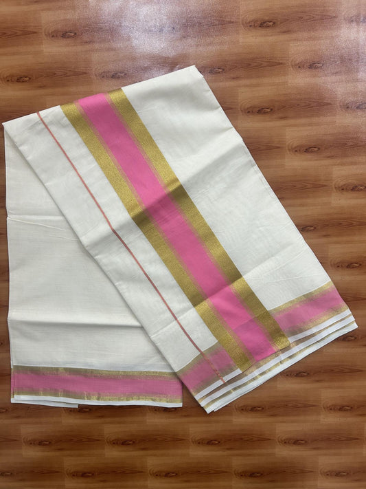 Off White Saree - 25% Discount! Kaitharikada Kerala Traditional Mixed Cotton Kasavu Saree - 3 Inch Pallu - Gold Kasav & Pink Stripes Kara - 24 KK7000 PMC