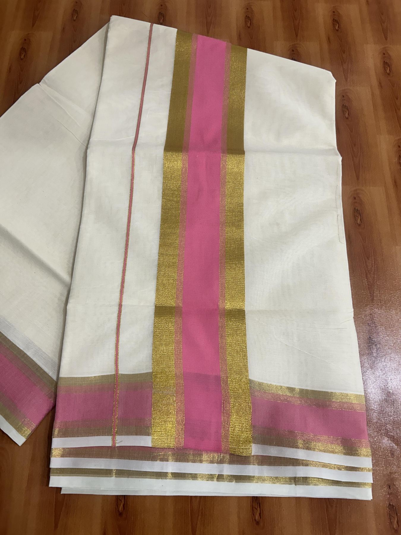Off White Saree - 25% Discount! Kaitharikada Kerala Traditional Mixed Cotton Kasavu Saree - 3 Inch Pallu - Gold Kasav & Pink Stripes Kara - 24 KK7000 PMC